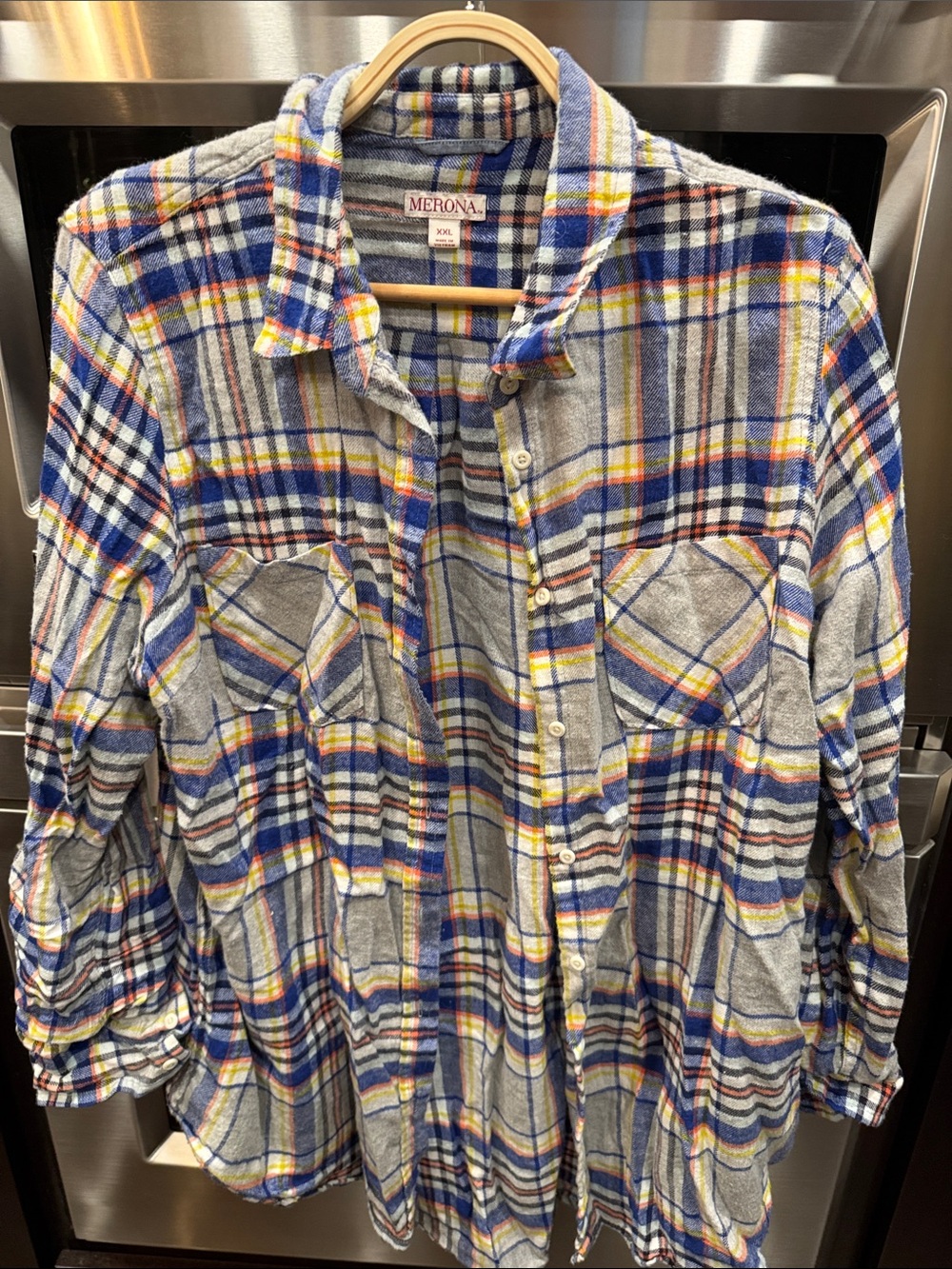 Merona Gray Plaid Shirt with Blue & Yellow Accents
